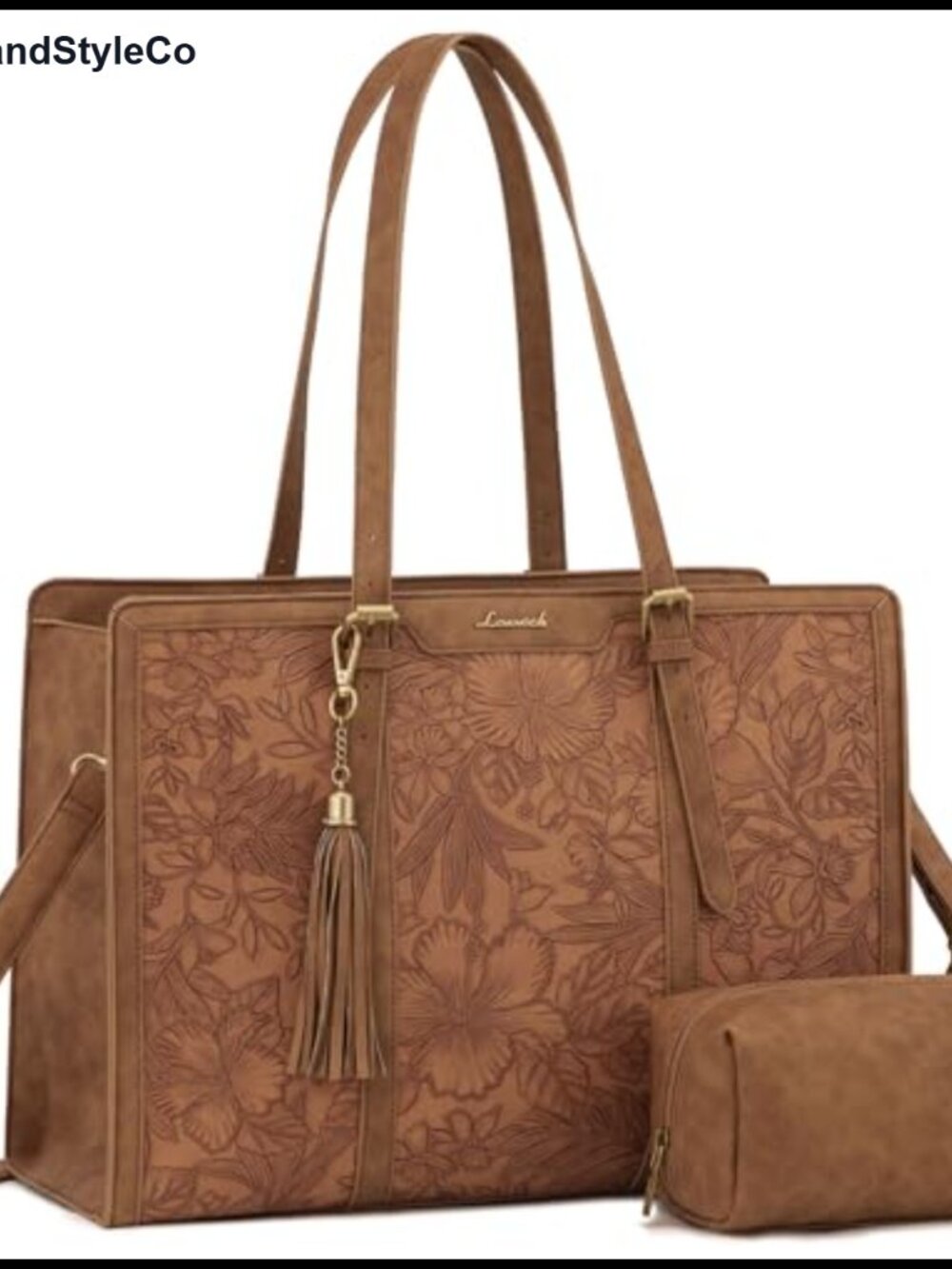 Vintage Faux Leather Laptop Tote Bag for Women 15.6 Inch Work Bag with Cup
